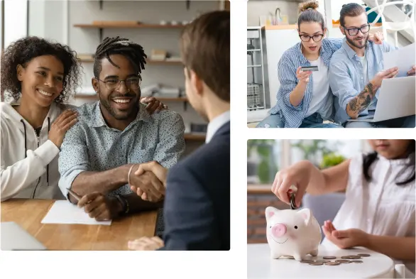 Collage of 3 photos: couple shaking hands with bank employee, young couple looking at document and debit card, young girl putting coins in her piggybank