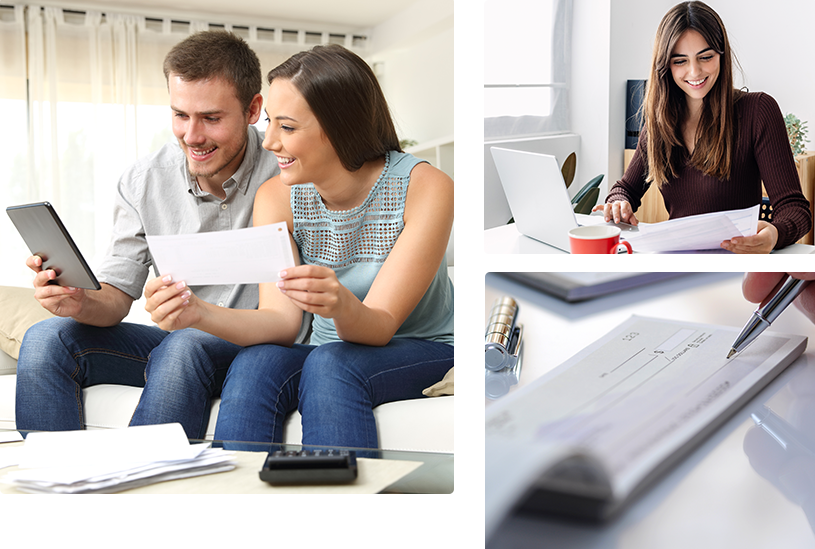 Collage of 3 photos: young couple using mobile device for banking, young female adult using laptop for banking, checkbook