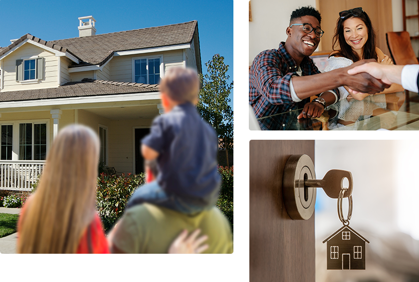 Collage of 3 photos: Young couple with toddler on shoulders of dad looking at home, key in the front door of a house, couple shaking hands over mortgage loan closing